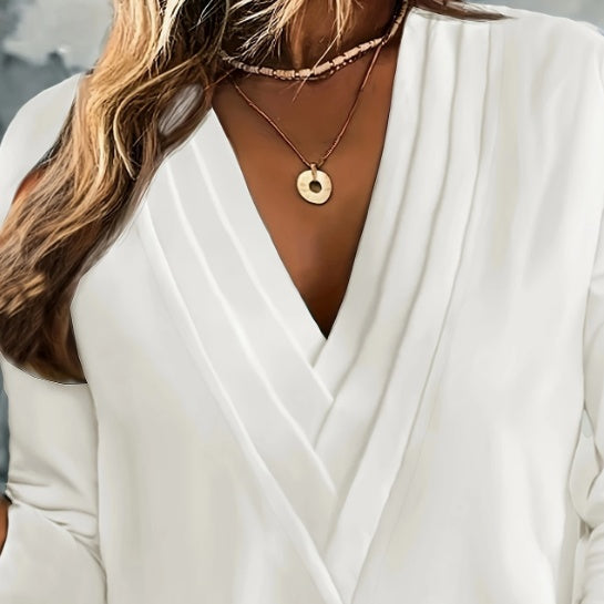 Solid V-Neck Blouse Long Sleeve BEUPFORLIFE.com