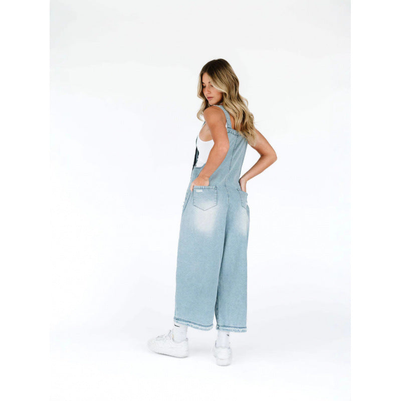 Retro Ripped Loose Wide Leg Denim Overalls