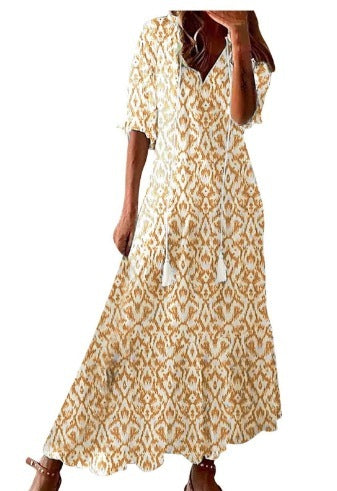 Long Sleeve Loose Bohemian Printed V-neck Maxi Dress BEUPFORLIFE.com