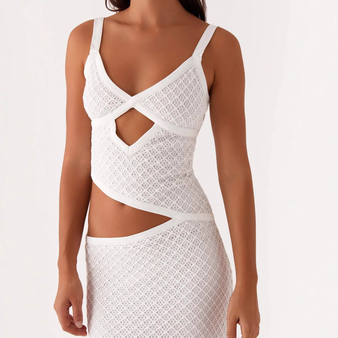 Elegant Sling Solid Color Hollow Mesh Dress BEUPFORLIFE.com