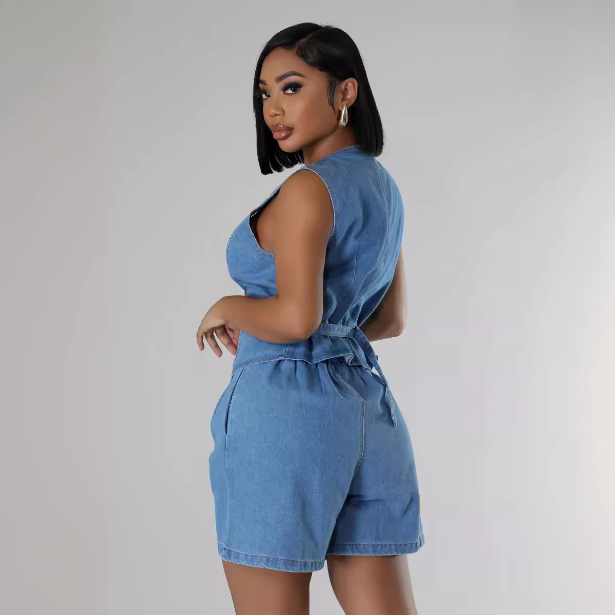 Casual Sleeveless High Waist Women's Denim Shorts Suit - BEUPFORLIFE.com