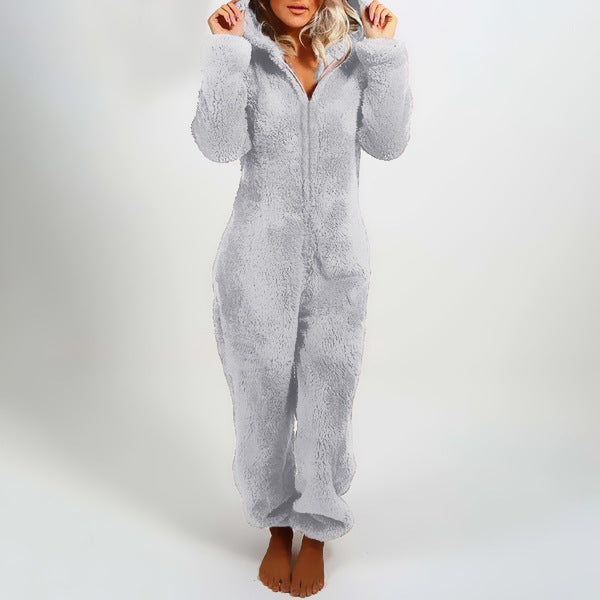 Fleece-lined Thick Furry Jumpsuit Hooded Cat Ear Pajamas BEUPFORLIFE.com