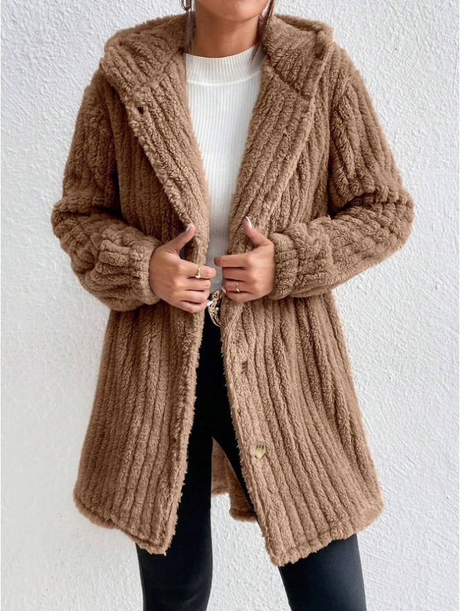 Button Front Hooded Teddy Coat BEUPFORLIFE.com
