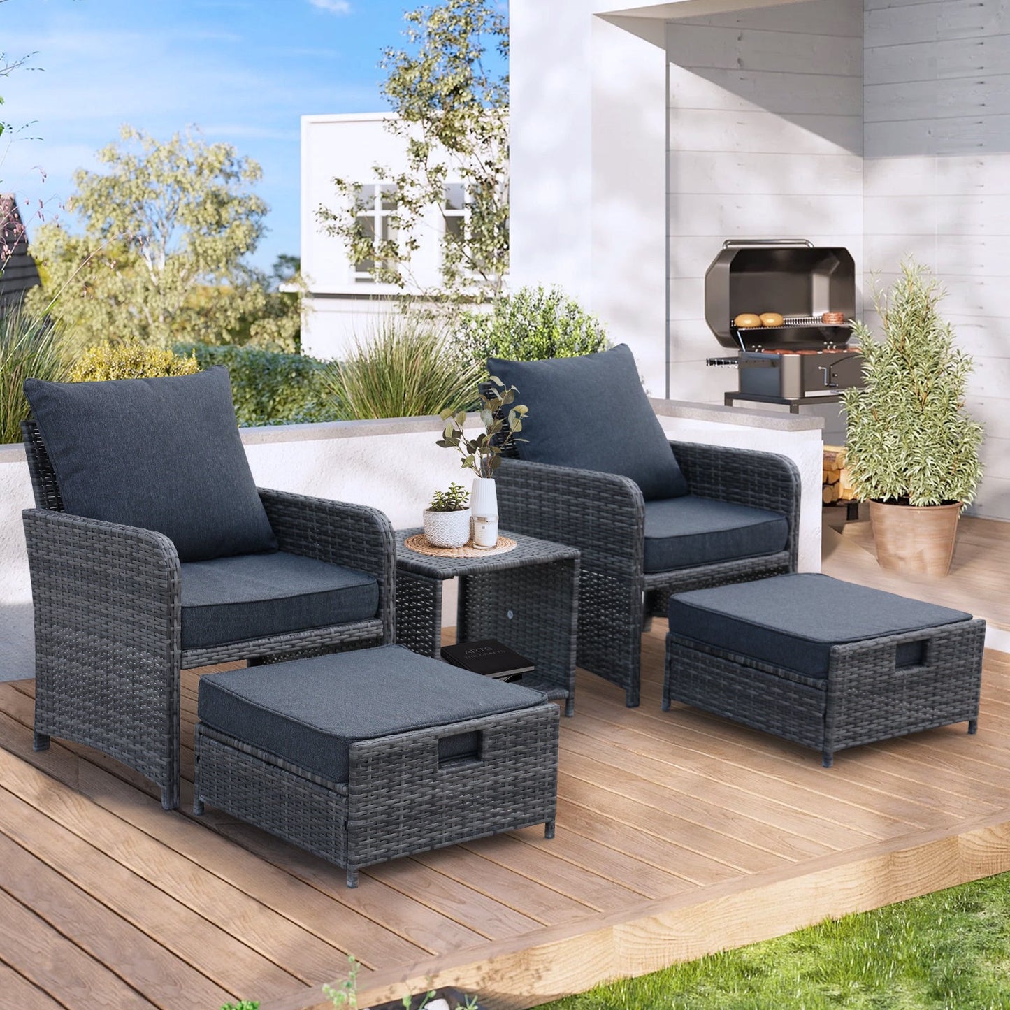 5 Piece Wicker Patio Conversation Furniture Set w/Ottomans BEUPFORLIFE.com