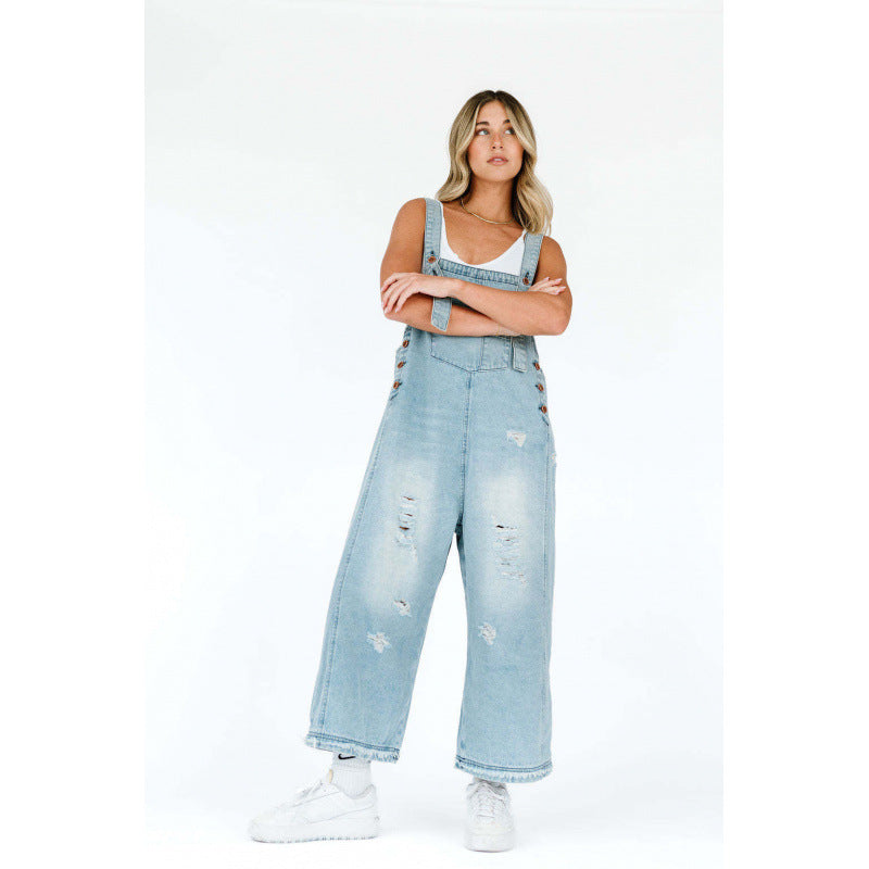 Retro Ripped Loose Wide Leg Denim Overalls