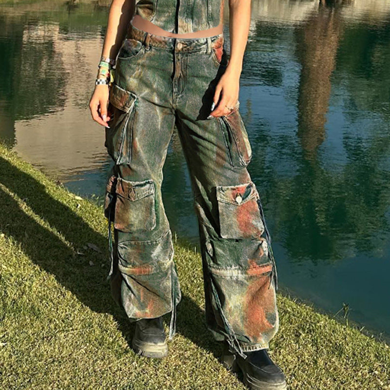 Retro Color Blooming Multi-pocket Loose Cargo Denim Trousers BEUPFORLIFE.com