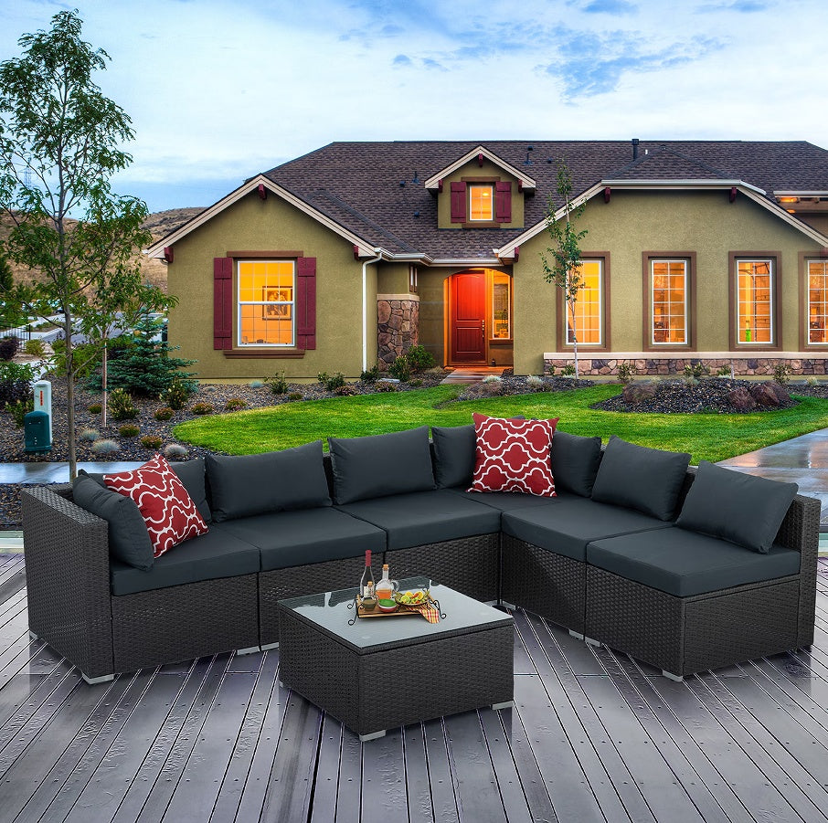 7 Set Wicker Furniture With Tempered Glass Coffee Table BEUPFORLIFE.com