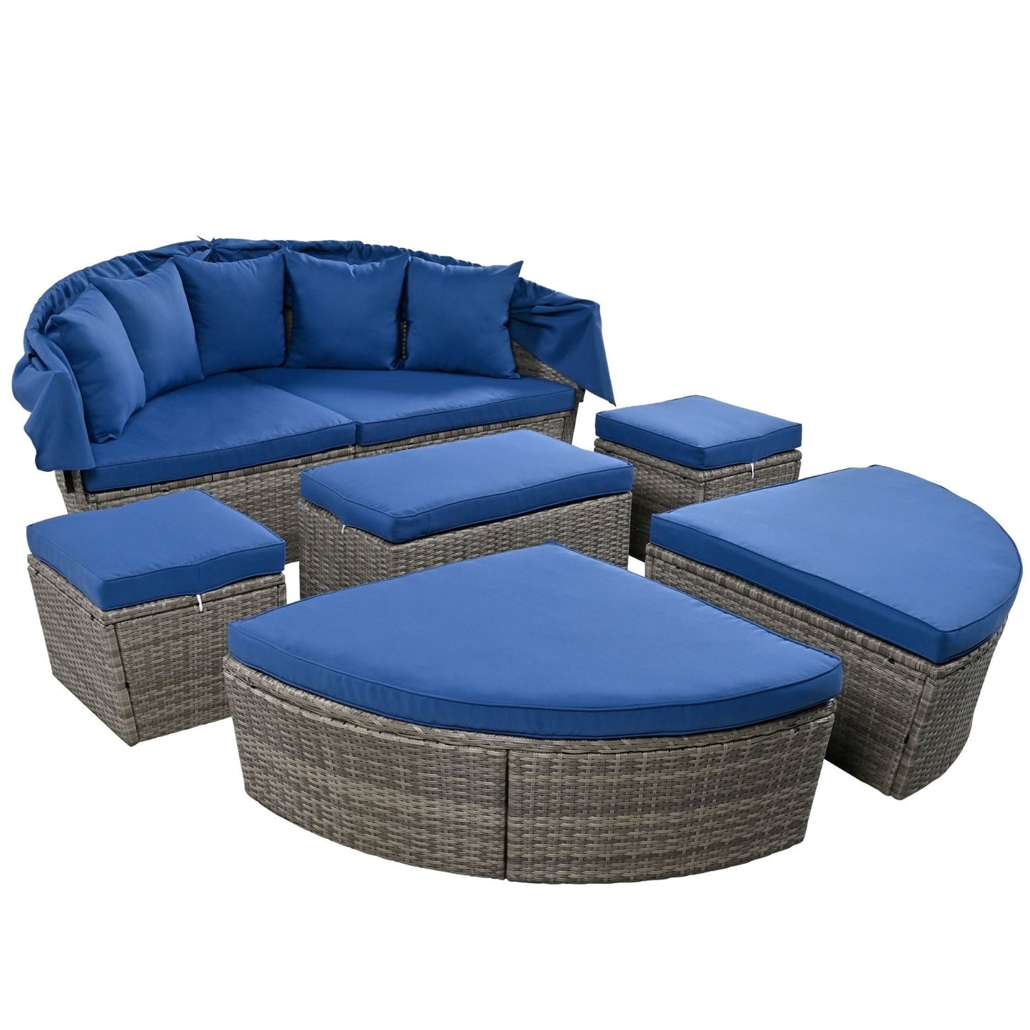 Outdoor Rattan Daybed/Sun bed w/ Retractable Canopy Wicker Furniture, Round Outdoor Sectional BEUPFORLIFE.com