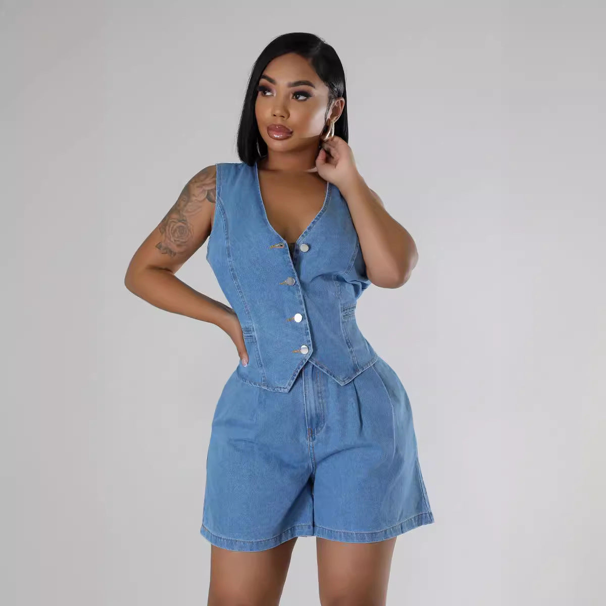 Casual Sleeveless High Waist Women's Denim Shorts Suit - BEUPFORLIFE.com