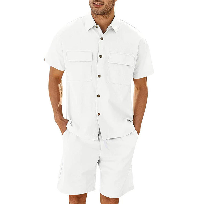 Men Short Sleeve Lapel Pocket Shirt w/Drawstring Shorts - BEUPFORLIFE.com