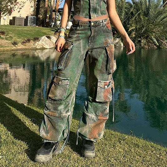 Retro Color Blooming Multi-pocket Loose Cargo Denim Trousers BEUPFORLIFE.com