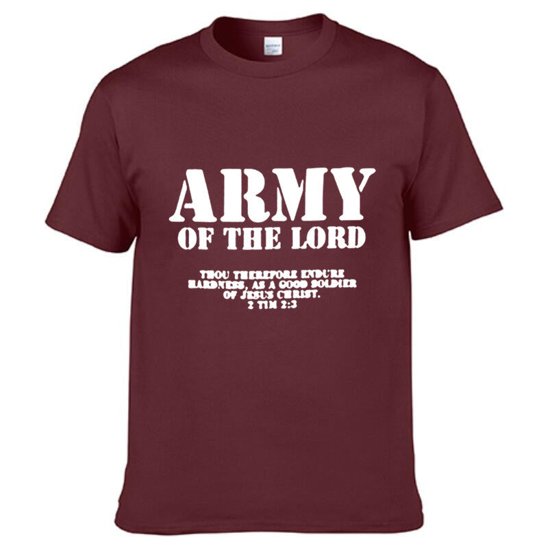 Maroon t-shirt with 'Army of the Lord' text on a white background