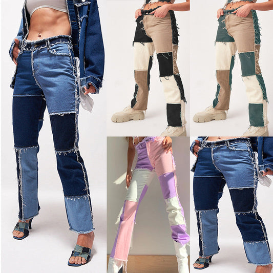 High Elastic Stitching Raw Edge Women's Straight-leg Jeans BEUPFORLIFE.com