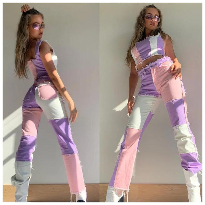 High Elastic Stitching Raw Edge Women's Straight-leg Jeans BEUPFORLIFE.com