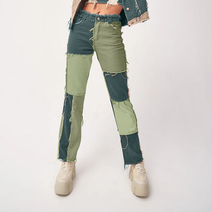 High Elastic Stitching Raw Edge Women's Straight-leg Jeans BEUPFORLIFE.com