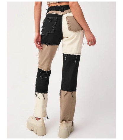 High Elastic Stitching Raw Edge Women's Straight-leg Jeans BEUPFORLIFE.com