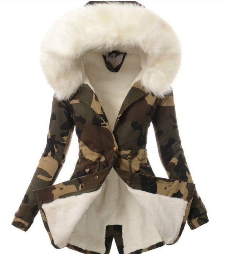 Ladies Explosion Style Fur Collar Drawstring Camouflage Jacket beupforlife