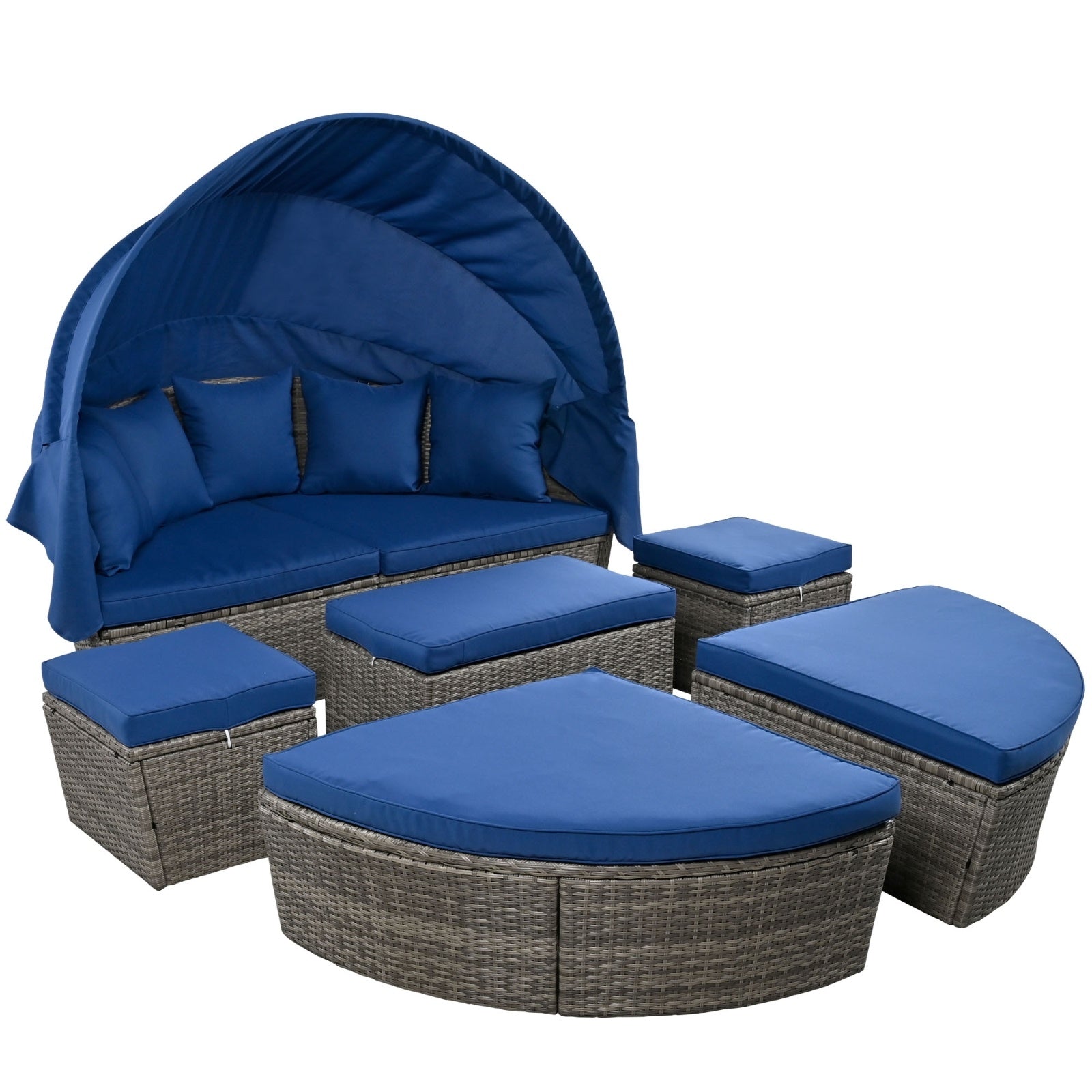 Outdoor Rattan Daybed/Sun bed w/ Retractable Canopy Wicker Furniture, Round Outdoor Sectional BEUPFORLIFE.com
