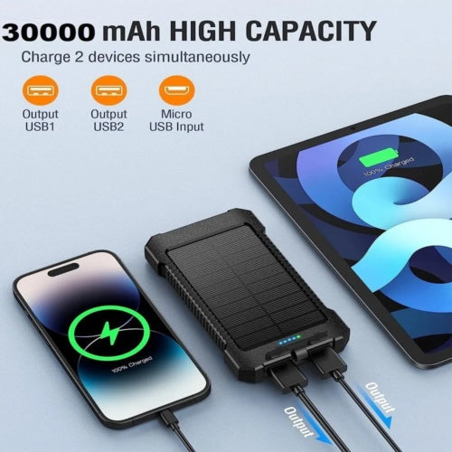 2USB Portable Super Solar Power Bank Charger w/ LED Flashlight 30000mAh Be Up For Life