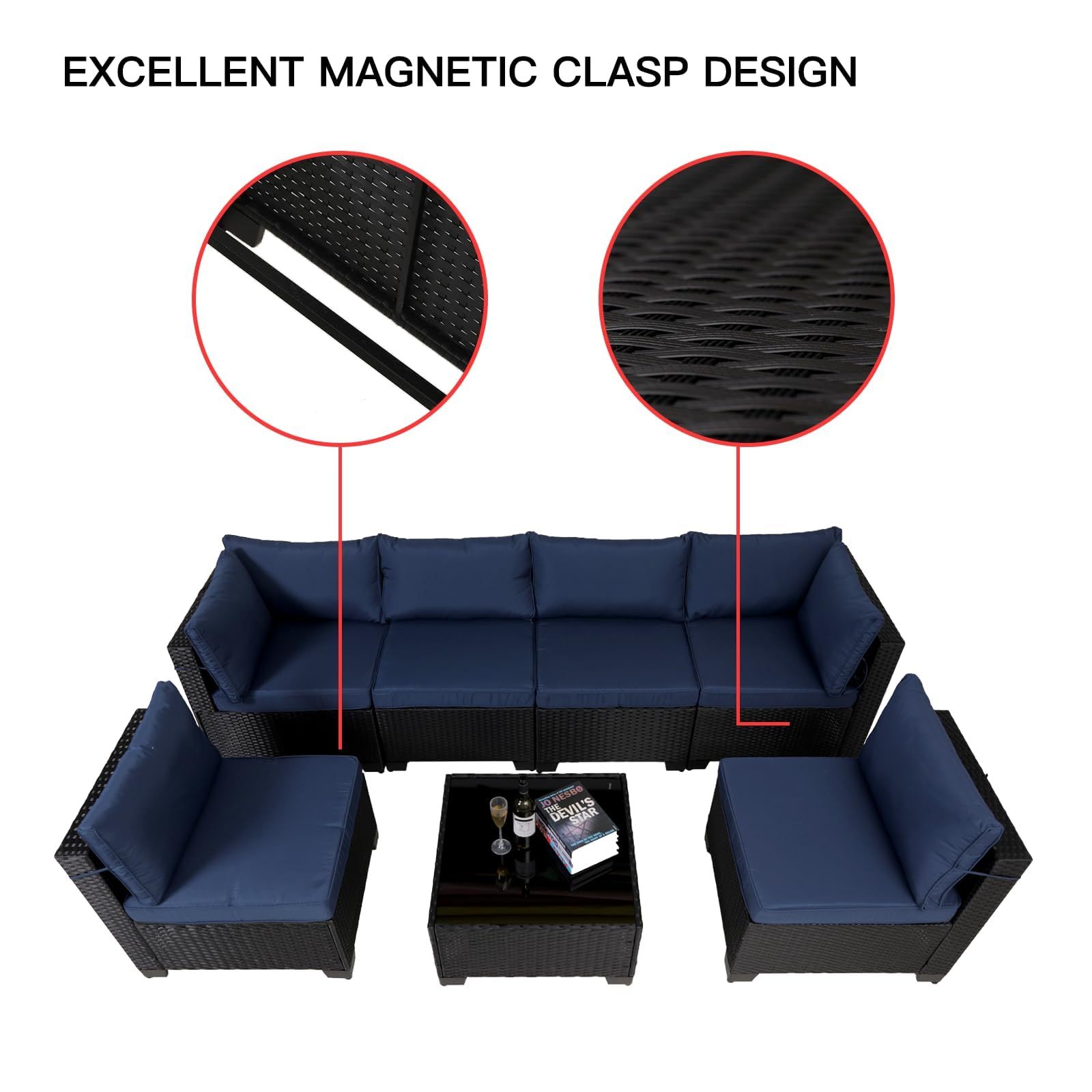 7 Piece Outdoor Rattan Patio, Black Wicker Sectional Set BEUPFORLIFE.com