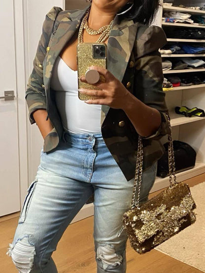 Chic Double-Breasted, Camo Print Jacket Be Up For Life