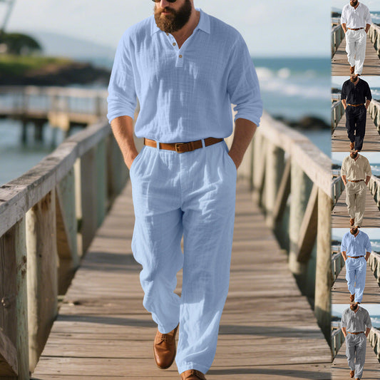 Men's Linen Long-sleeved Trousers Solid Color Two-piece Set Be Up For Life
