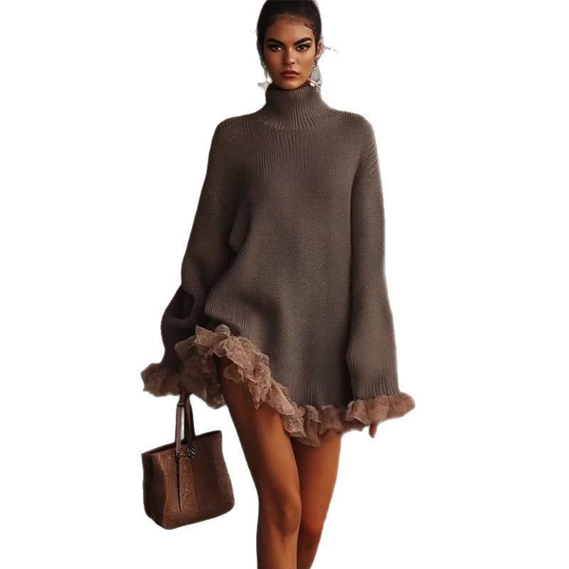 Knitted High-neck Ruffled Long-sleeve Gray Sweater Be Up For Life