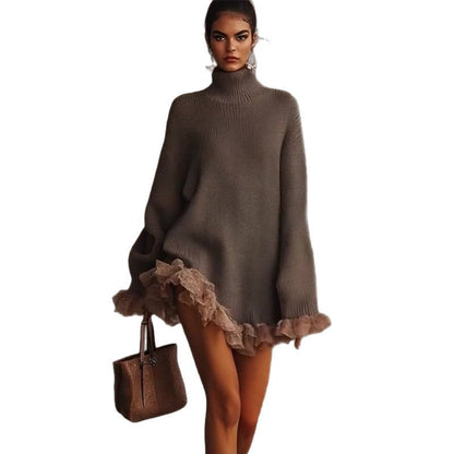 Knitted High-neck Ruffled Long-sleeve Gray Sweater Be Up For Life