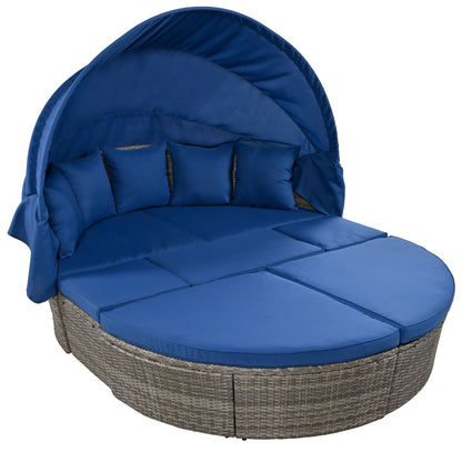 Outdoor Rattan Daybed/Sun bed w/ Retractable Canopy Wicker Furniture, Round Outdoor Sectional BEUPFORLIFE.com