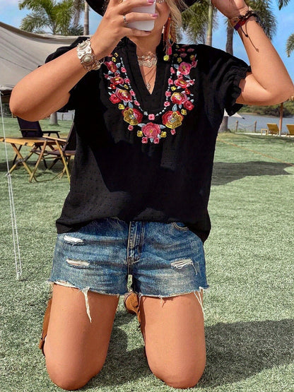 Floral Embroidery Summer Casual Short Sleeve V-Neck BEUPFORLIFE.com