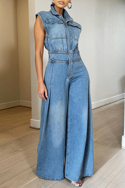 Washed-out Sleeveless Denim, One-piece Wide-leg jumpsuit - BEUPFORLIFE.com