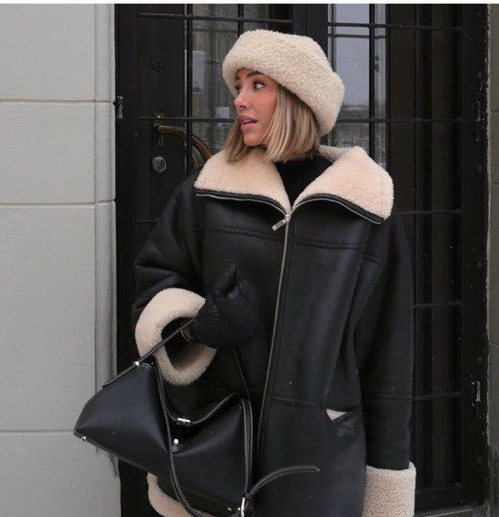 Cashmere Leather Fur Collar Leather Coat