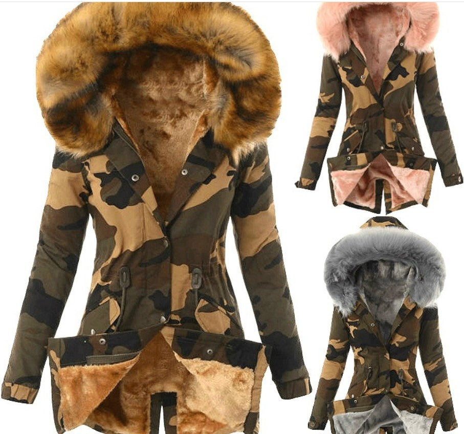 Ladies Explosion Style Fur Collar Drawstring Camouflage Jacket beupforlife