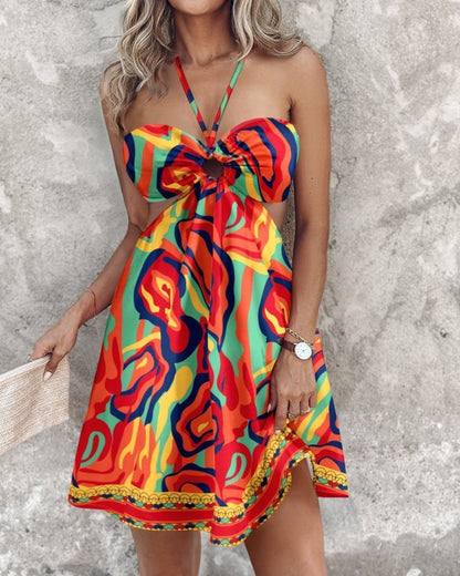 Printed Off-shoulder Halter Hollow Dress