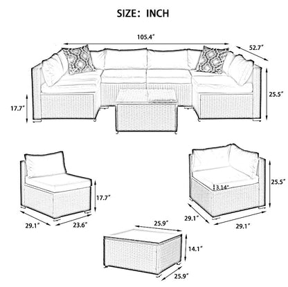 7 Set Wicker Furniture With Tempered Glass Coffee Table BEUPFORLIFE.com