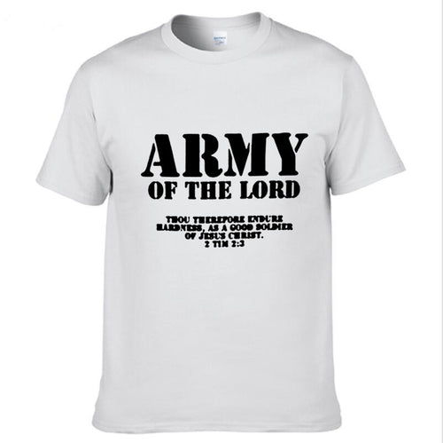 White t-shirt with 'Army of the Lord' text on a white background
