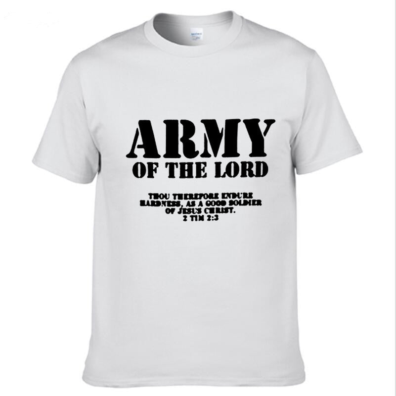 White t-shirt with 'Army of the Lord' text on a white background