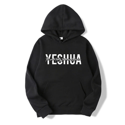 Black Yeshua Christian pullover hoodie with faith-based graphic