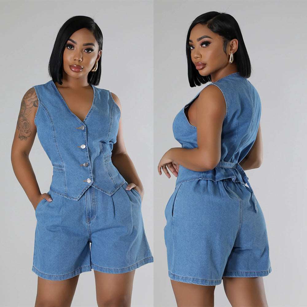 Casual Sleeveless High Waist Women's Denim Shorts Suit