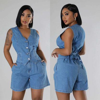 Casual Sleeveless High Waist Women's Denim Shorts Suit