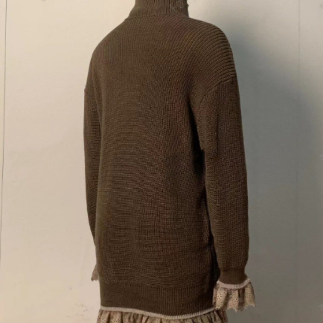 Knitted High-neck Ruffled Long-sleeve Gray Sweater Be Up For Life