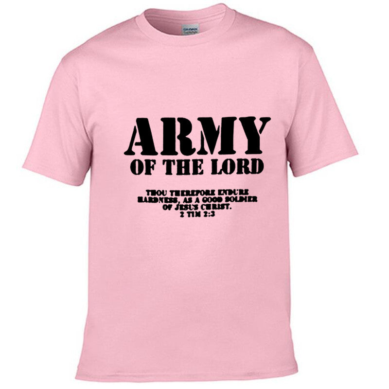 Pink t-shirt with 'Army of the Lord' text on a white background