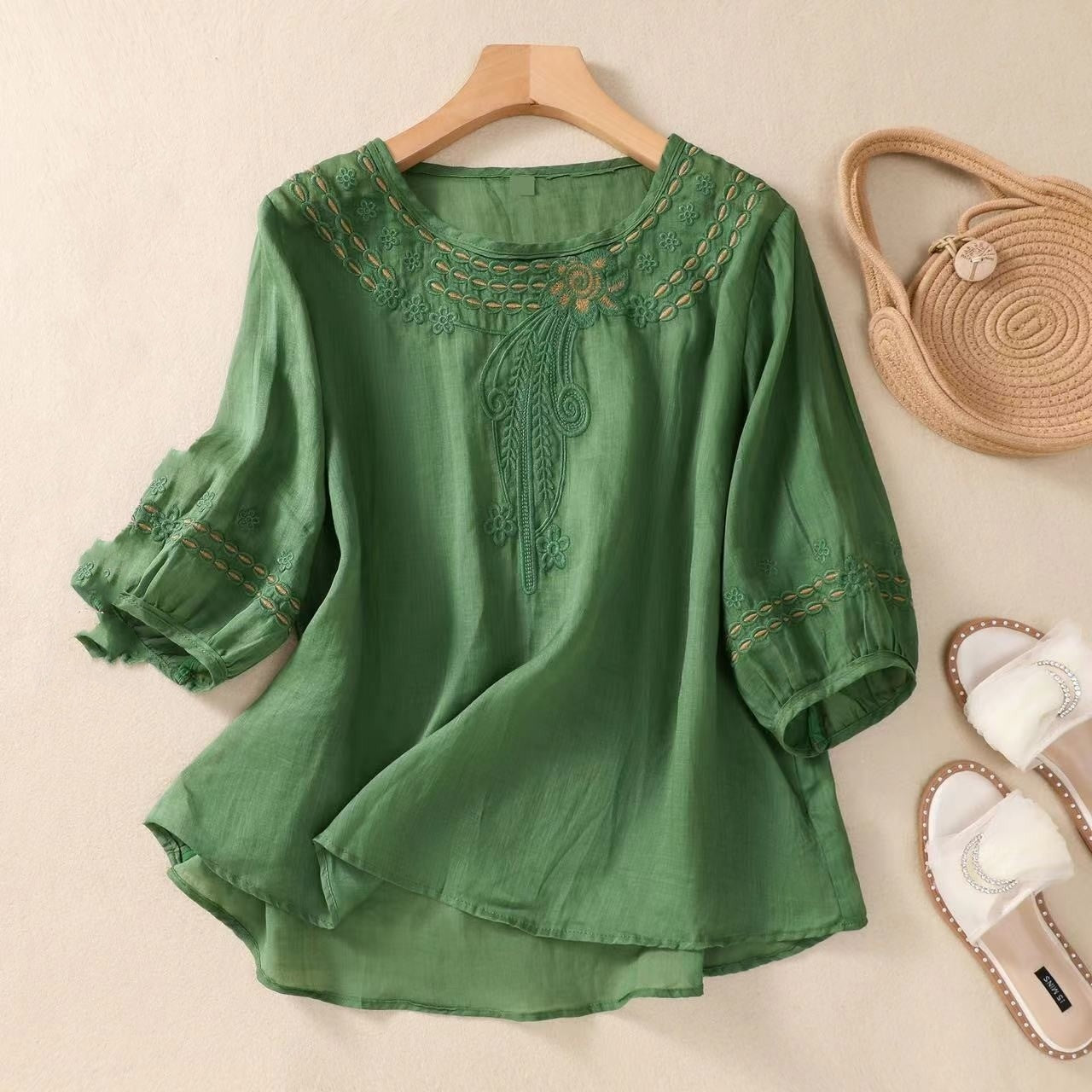 Vintage Cotton And Linen Embroidered Summer Half Sleeve