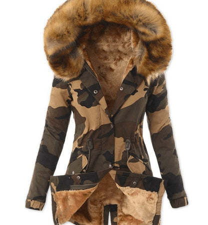Ladies Explosion Style Fur Collar Drawstring Camouflage Jacket beupforlife