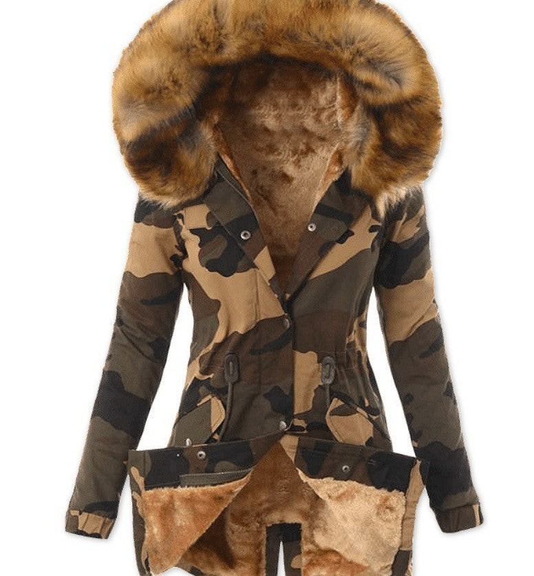 Ladies Explosion Style Fur Collar Drawstring Camouflage Jacket beupforlife