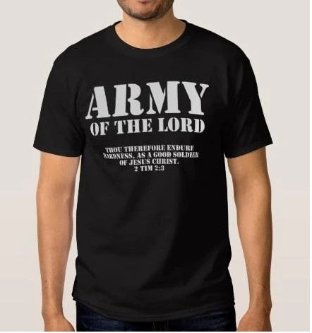 Black t-shirt with 'Army of the Lord' text worn by a person on a light gray background