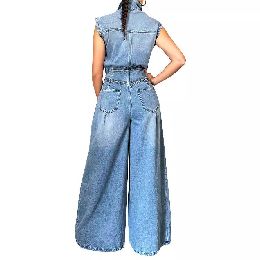 Washed-out Sleeveless Denim, One-piece Wide-leg jumpsuit - BEUPFORLIFE.com