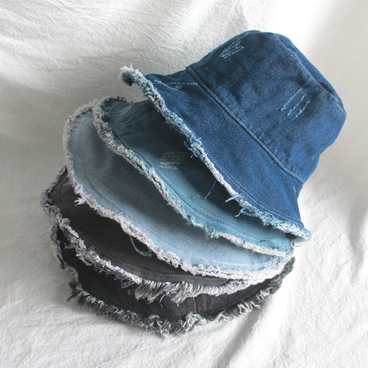 Summer Sunshade Raw Edge Denim Bucket Hat Women BEUPFORLIFE.com