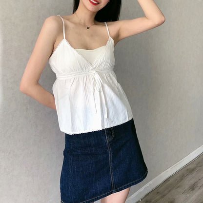 YL V-neck Lace Trim Tied Spaghetti-strap