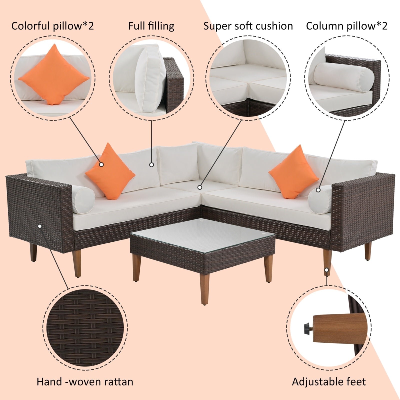 4-Piece Outdoor Wicker Sofa Set, L-Shape Patio Furniture With Colorful Pillows BEUPFORLIFE.com